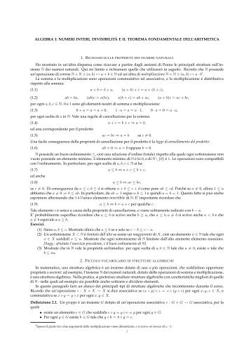 ALGEBRA I: NUMERI INTERI, DIVISIBILITÀ E IL TEOREMA ...