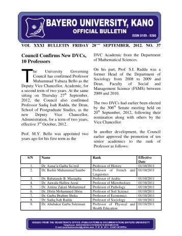 BULLETIN FRIDAY 28th SEPTEMBER, 2012, No. 37 - Bayero ...