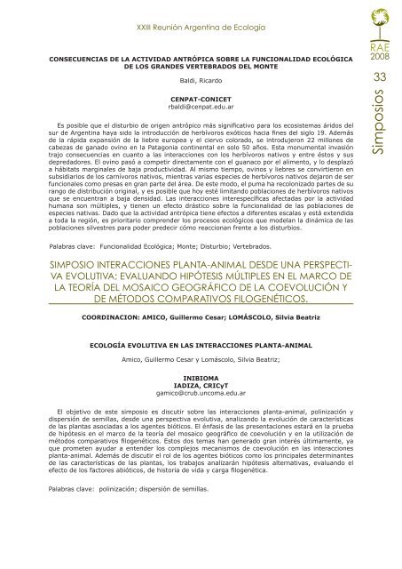XXIII Reunión Argentina de Ecología - San Luis 2008 - Universidad ...