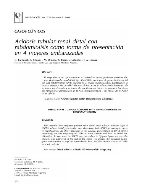 Acidosis tubular renal distal con rabdomiolisis como forma - Nefrología