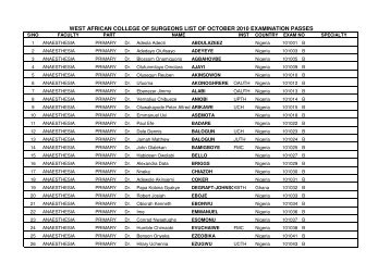 West african college of surgeons list of october 2010 examination