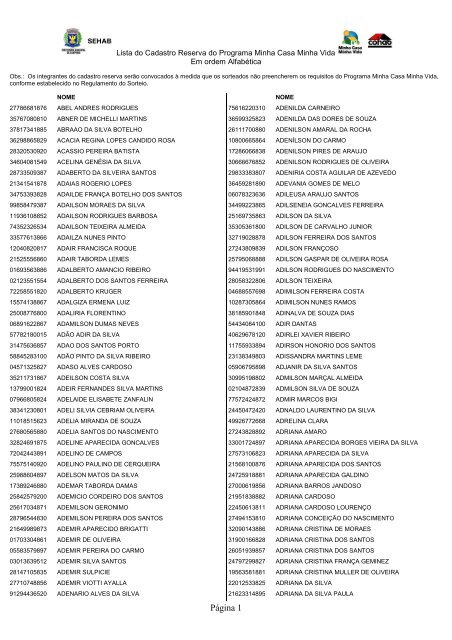 lista geral de cadastro reserva em ordem alfabética