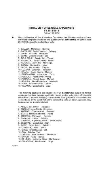INITIAL LIST OF ELIGIBLE APPLICANTS SY 2012-2013 - St. Luke's ...