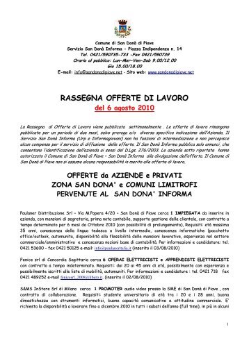 RASSEGNA OFFERTE DI LAVORO - Comune di San Donà di Piave