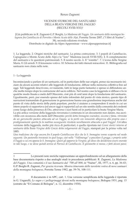 1 Renzo Zagnoni VICENDE STORICHE DEL SANTUARIO DELLA