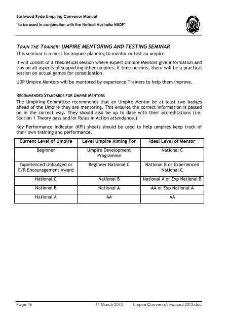 Umpiring Convenors Manual - ERNA (Netball) - Netball Australia