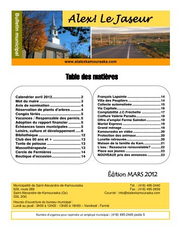 Alex le Jaseur, édition mars 2012 - Municipalité de Saint-Alexandre ...