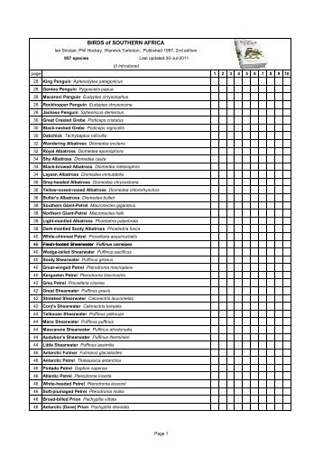 BIRDS of SOUTHERN AFRICA - Printable Bird Checklists