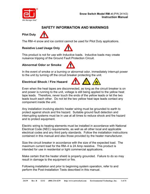 SAFETY INFORMATION AND WARNINGS - Pentair Thermal Controls