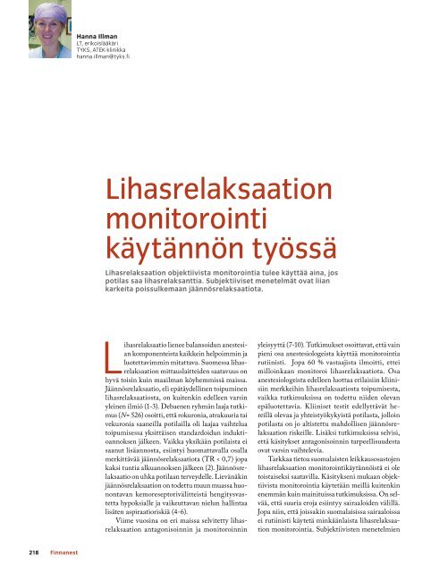 Lihasrelaksaation monitorointi käytännön työssä - Finnanest