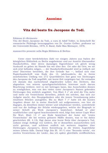 Anonimo Vita del beato fra Jacopone da Todi. - Classici Italiani