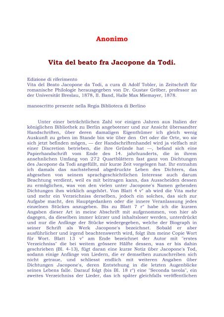 Anonimo Vita del beato fra Jacopone da Todi. - Classici Italiani