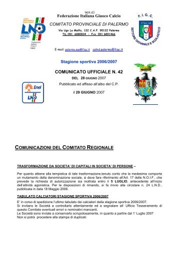 Messaggio del Presidente del Comitato Provinciale ... - Informacalcio.it