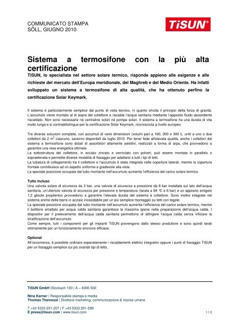 Sistema a termosifone con la più alta certificazione - TiSUN