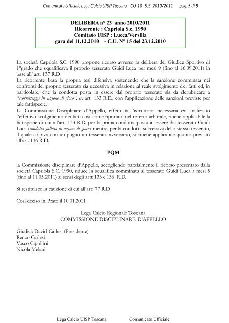 Bollettino Ufficiale Lega Calcio UISP Toscana - Gonews.it