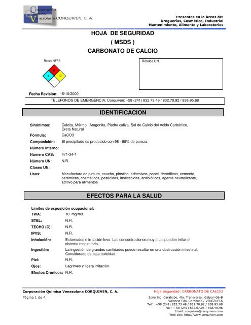 hoja de seguridad carbonato de calcio ( msds ) - Corporación ...