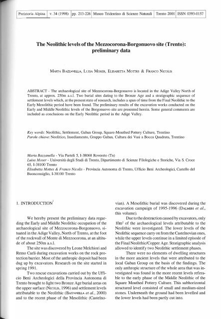 The Neolithic Levels Of The Mezzocorona Borgonuovo Site Trento