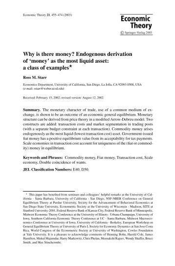 Endogenous derivation of 'money' - UC San Diego Department of ...