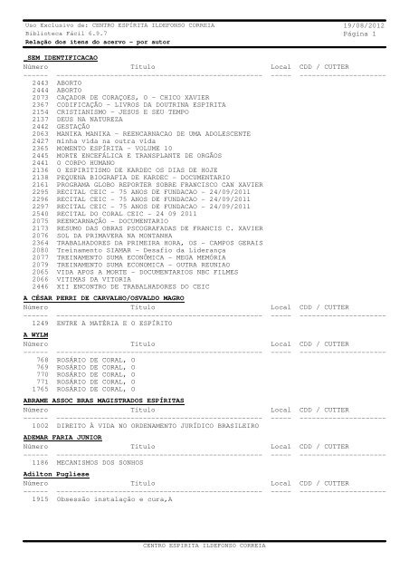 (Rela\347\343o dos itens do acervo - por autor) - Centro Espírita ...