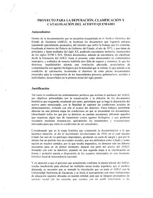 Proyecto para la depuración, clasificación y catalogación del acervo ...