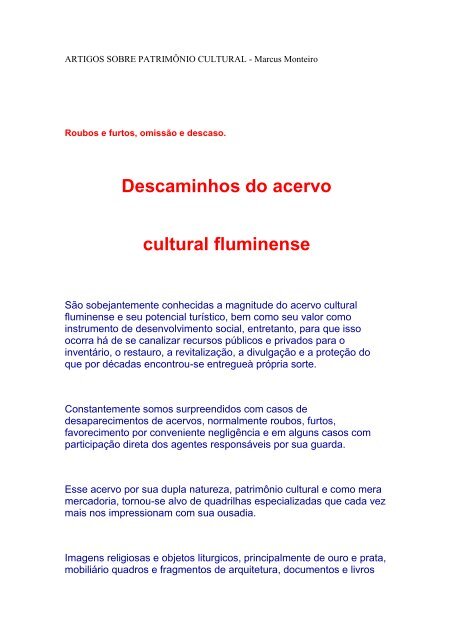 Descaminhos do acervo cultural fluminense - Inepac