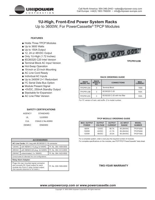 1U-High, Front-End Power System Racks - Unipower