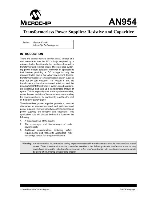 AN954, Transformerless Power Supplies: Resistive and ... - Microchip