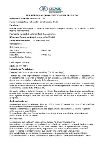 Trifamox IBL 750 Forma farmacéutica: Polvo estéril para ... - Cecmed