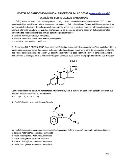 EXERCÍCIOS SOBRE CADEIAS CARBÔNICAS - Portal de Estudos ...