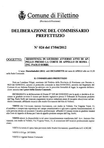 DELIBERAZIONE COMMISSARIO PREFETTIZIO - Comune di Filettino