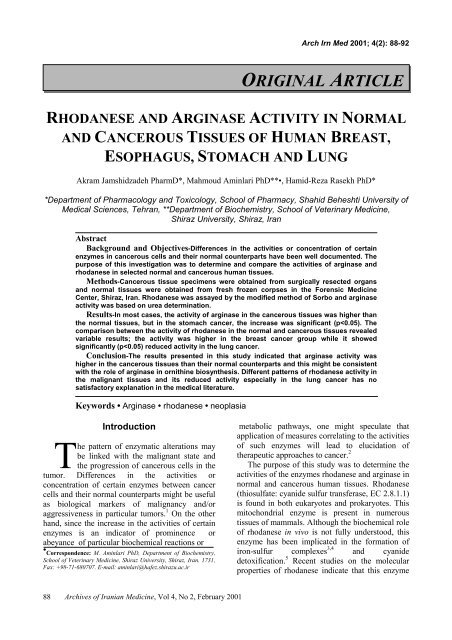 rhodanese and arginase activity in normal and cancerous tissues of ...