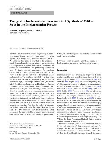 The Quality Implementation Framework: A Synthesis of Critical Steps ...