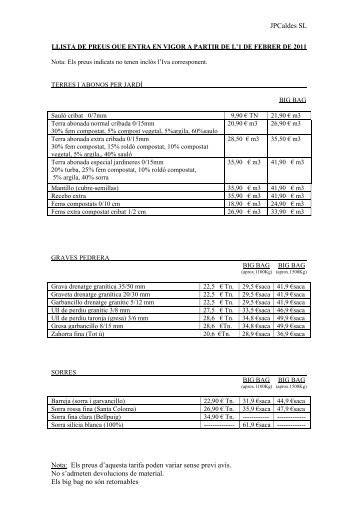 Llista de preus 2011 - JP Caldes