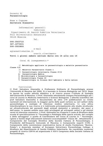 Docente di Parassitologia Nome e Cognome Salvatore Giannetto ...