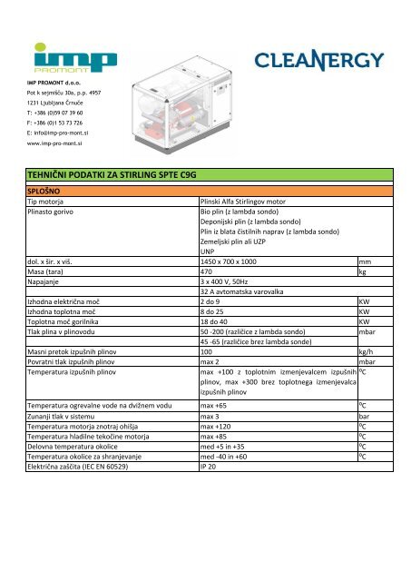 TEHNIČNE LASTNOSTI SPTE STIRLING C9G (tabela ... - imp promont