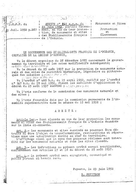 Arrêté n° 865 a.p.a du 23 juin 1952 portant classement, en vue de ...