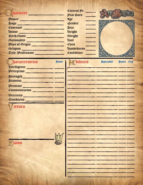 Ars Magica 5th Edition Medieval Character Sheet - Mad Irishman