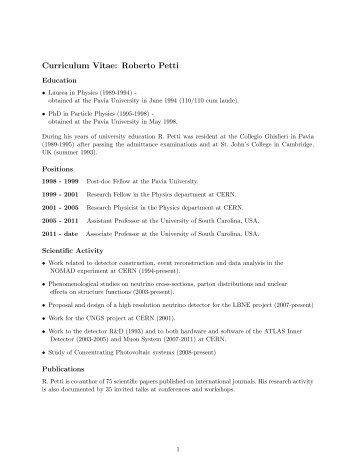 Curriculum Vitae: Roberto Petti - University of South Carolina