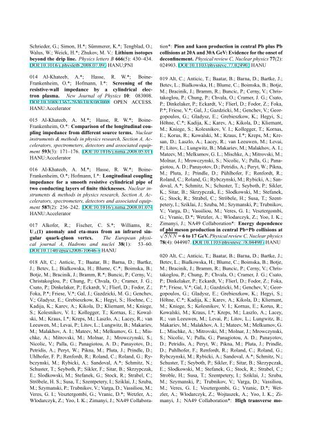 GSI publications to the programme 'Physics of hadrons and nuclei ...