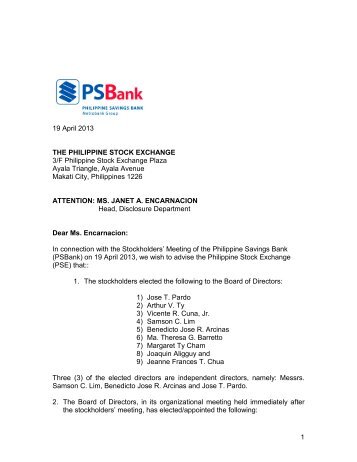 1 19 April 2013 THE PHILIPPINE STOCK EXCHANGE 3/F ... - PSBank