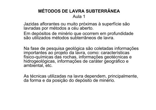 MÉTODOS DE LAVRA SUBTERRÂNEA Aula 1 Jazidas ... - ufrgs