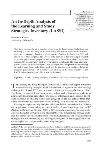 the learning and study strategies inventory The learning and study strategies inventory (lassi) is widely used in assessing students' learn-ing and study strategies at both university and high school levels the present study developed a chinese version of lassi (lassi-c) and then further investigated the reliability, factor struc. the learning and study strategies inventory The learning and study strategies inventory (lassi) is widely used in assessing students' learn-ing and study strategies at both university and high school levels the present study developed a chinese version of lassi (lassi-c) and then further investigated the reliability, factor struc.