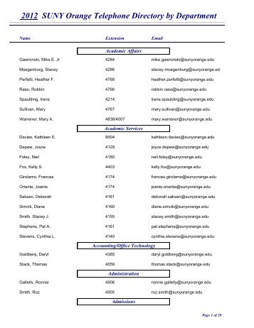 SUNY Orange Telephone Directory by Department 2012