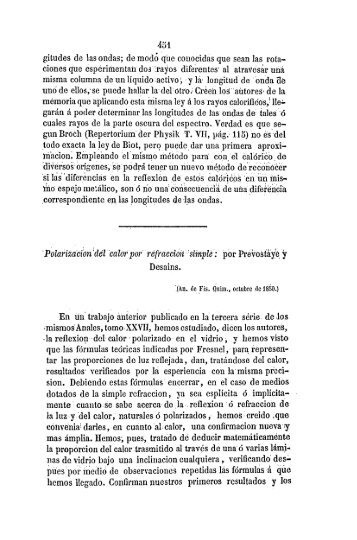 Polarización'del calor por refracción simple : por Prevostaye y