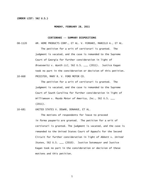Order List (02/28/11) - Supreme Court of the United States