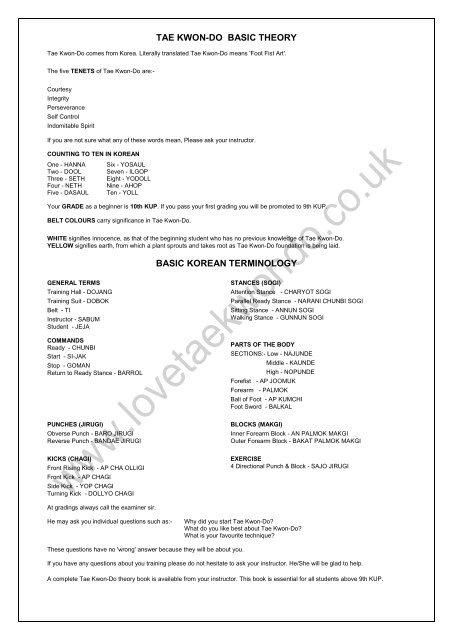 Tae Kwon Do Basic Theory Basic Korean Terminology