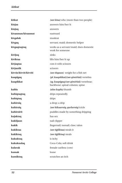 Inuinnaqtun\English Dictionary by Nunavut Arctic College (NAC)