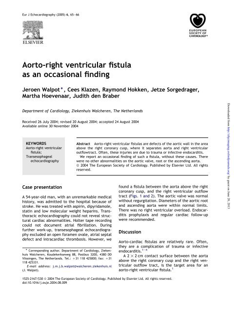 Aorto-right ventricular fistula as an occasional finding - EHJ ...