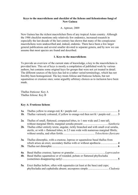 Keys to the macrolichens and checklist of the lichens and ...