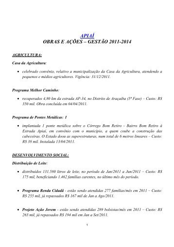 APIAÍ OBRAS E AÇÕES – GESTÃO 2011-2014 - PSDB-SP